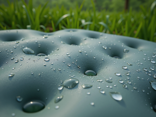 Inflatable camping mattresses with pump, outdoor setting, green and blue colors, natural background