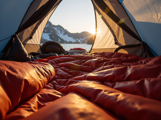 High quality sleeping bags with insulation, multiple colors, outdoor camping environment, natural lighting