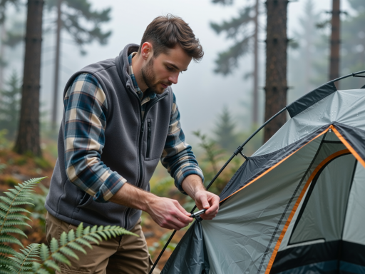 Modern camping tents with guy ropes, outdoor campsite scene, natural forest background, bright daylight